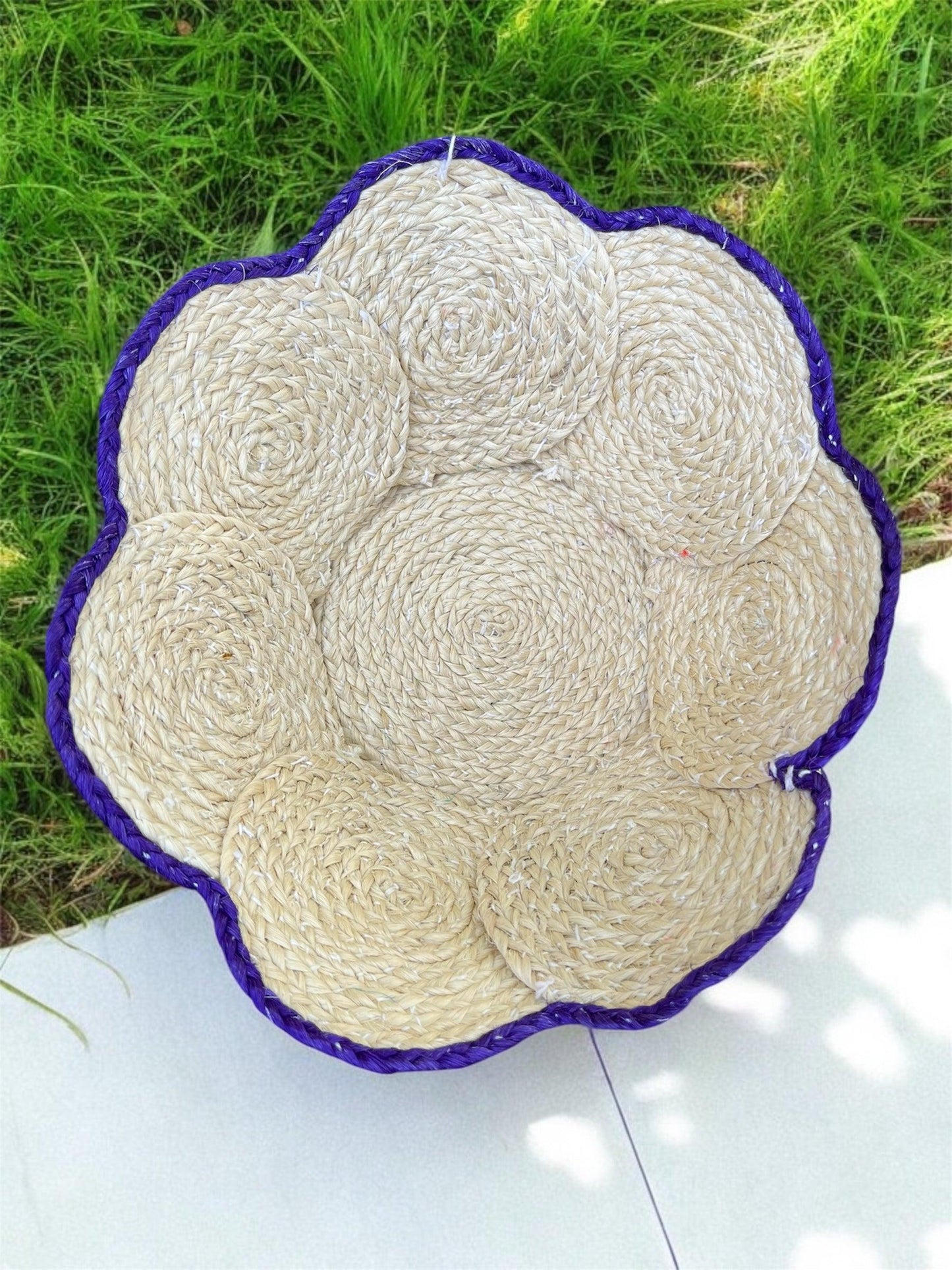 Handwoven natural sisal fiber Basket with Blue Trim ( Fruits basket) - SHG Bazaar