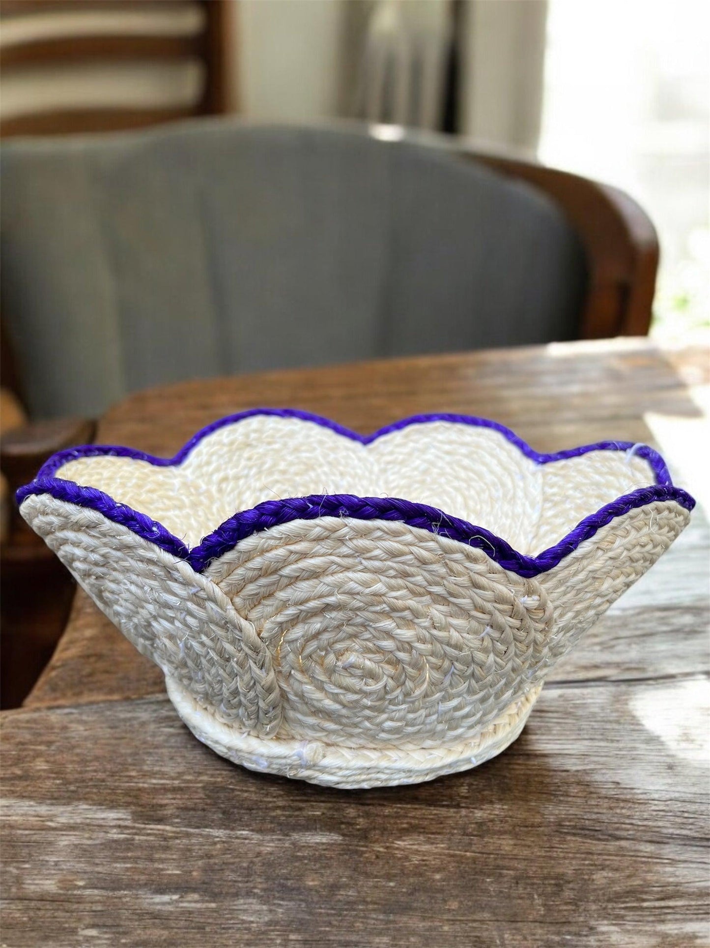 Handwoven natural sisal fiber Basket with Blue Trim ( Fruits basket) - SHG Bazaar