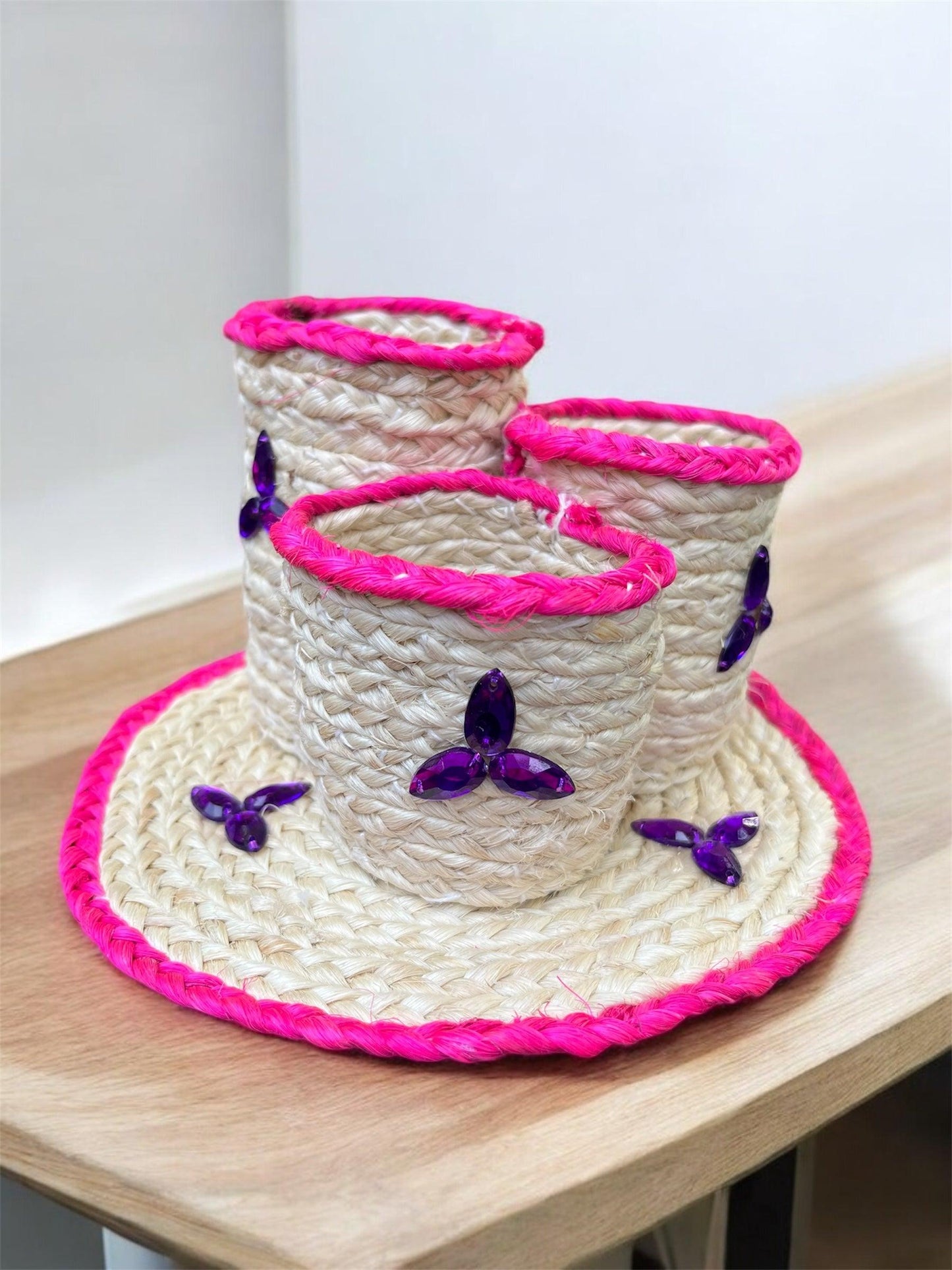 Handwoven Sisal 3-Tier Organizer with Rhinestone Accents - SHG Bazaar