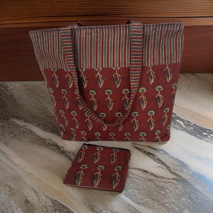 Maroon Kalamkari Tote Bag with Pouch