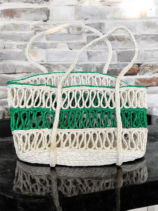 Woven hand Bag with Green Accents