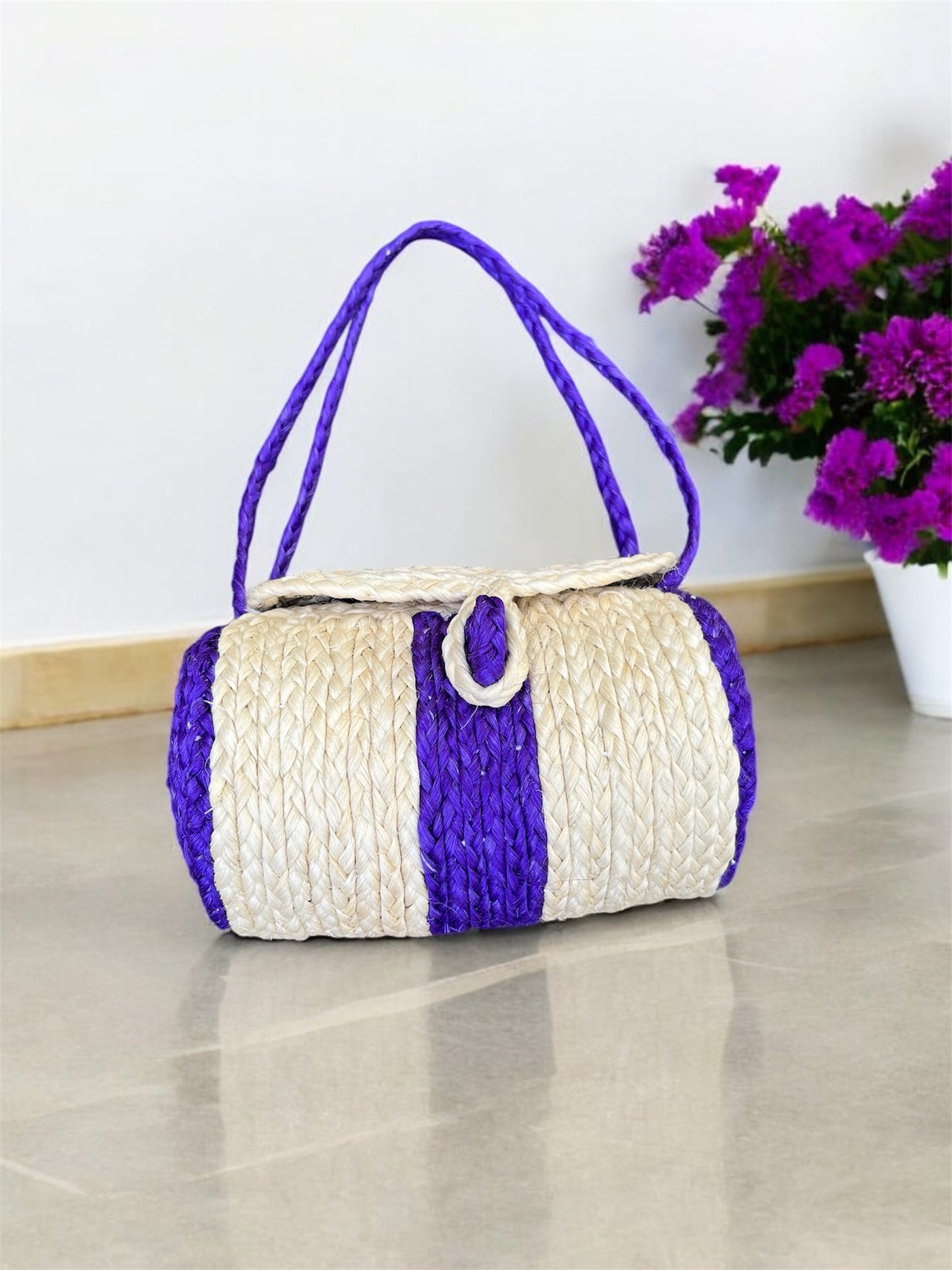 Handmade Miniature Straw Bag with Blue Accents