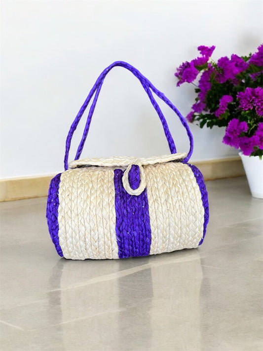 Handmade Miniature Straw Bag with Blue Accents