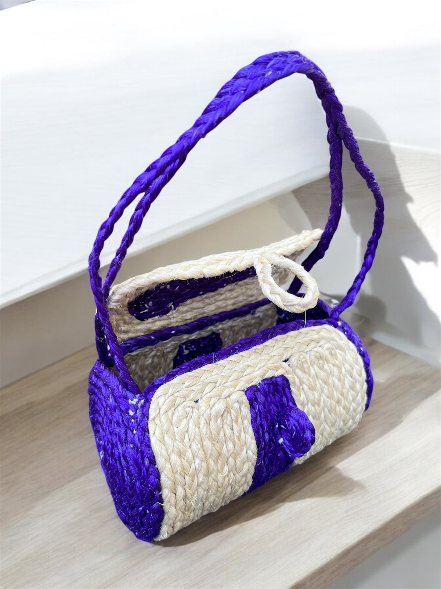 Handmade Miniature Straw Bag with Blue Accents