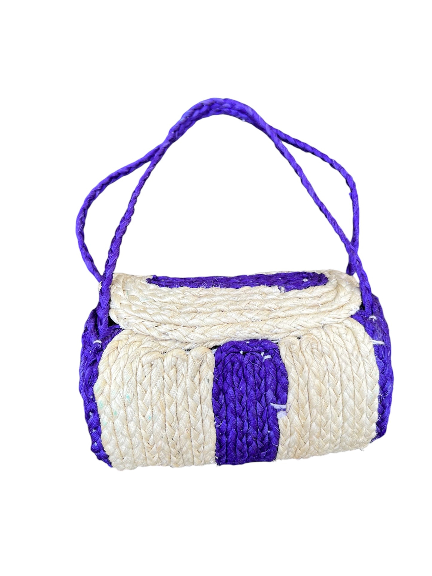 Handmade Miniature Straw Bag with Blue Accents